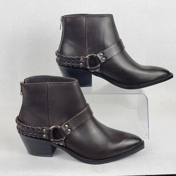 Brusque Womens 8.5 Brown Leather Ankle Boot Biker Moto Booties Western Harness‎